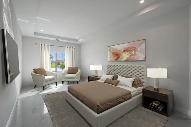 a bedroom with a bed and glass wall