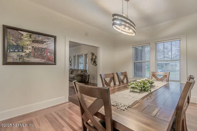 a view of a dining room with furniture window and wooden floor
