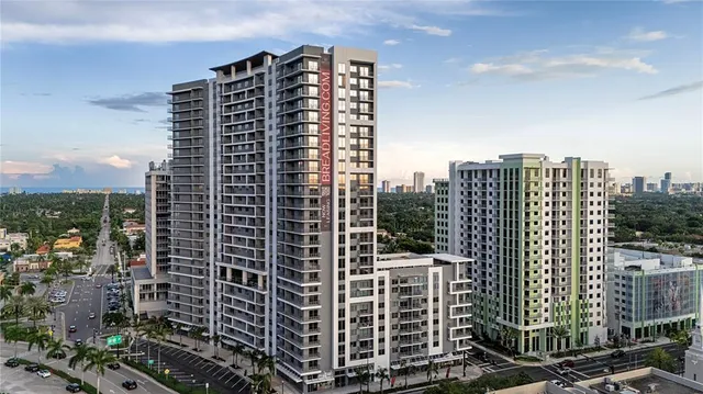 a city view with tall buildings