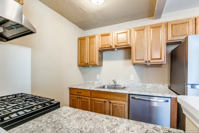 a kitchen with a stove a sink and a refrigerator