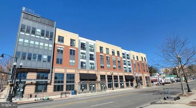 front view of a building with a street