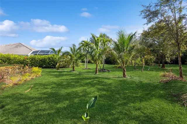 a green field with lots of trees in the background