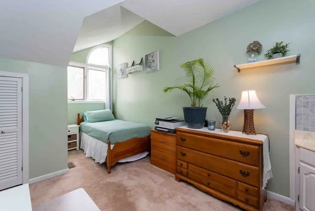 a room with a bed and a potted plant on the dresser