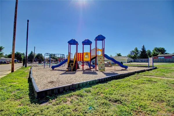 a view of a park with slide