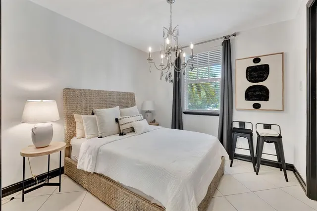 a bedroom with a bed and a table in it