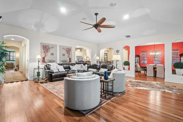 a living room with a couch and a table