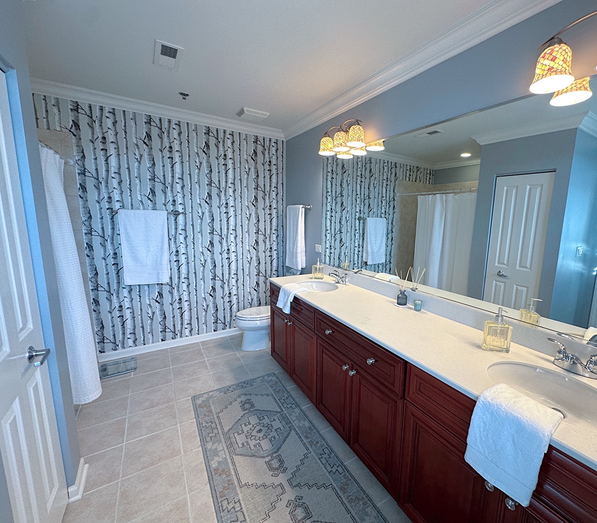 1199 East Port Clinton Road, Unit 304 Vernon Hills, IL 60061 - Photo 17 of 29 a bathroom with a double vanity sink and a large mirror