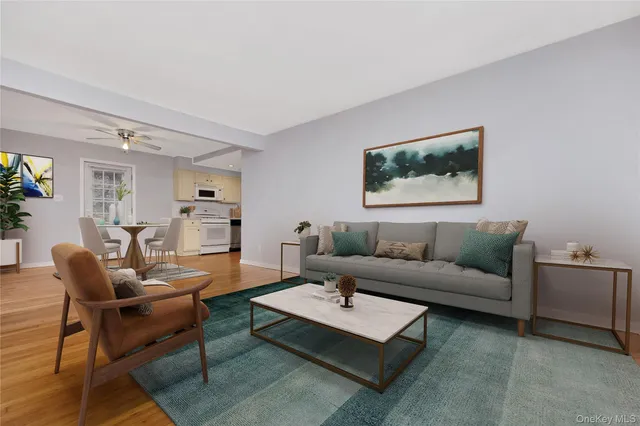 a living room with furniture a rug and a window