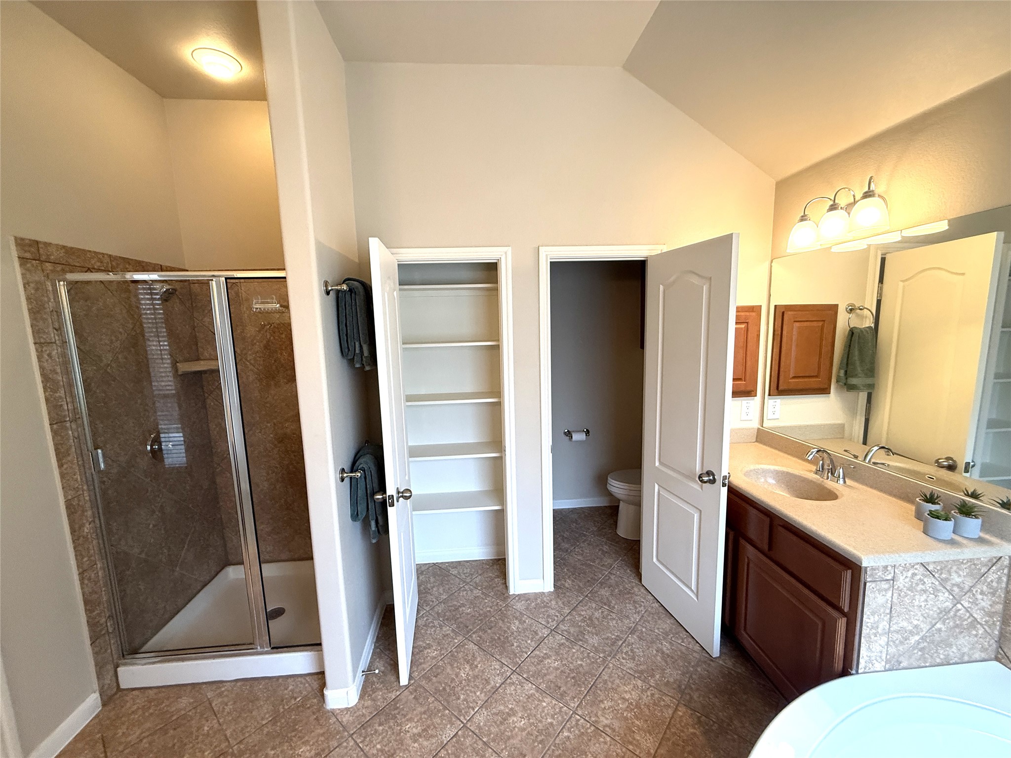 608 Pebblestone Walk Drive Cedar Park, TX 78613 - Photo 17 of 27 Bathroom featuring vanity, a stall shower, lofted ceiling, a spacious closet, and dark tile patterned flooring