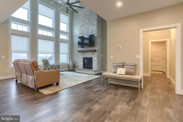 a living room with furniture wooden floor and a fireplace