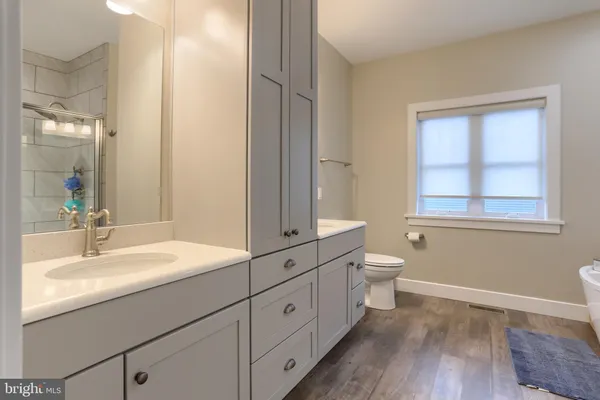 a bathroom with a double vanity sink a toilet and a mirror