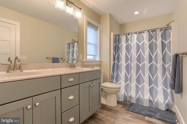 a bathroom with a double vanity sink toilet and a mirror