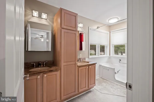 a bathroom with a bathtub a sink and a mirror