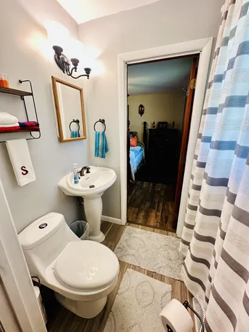 a bathroom with a toilet sink and mirror