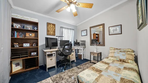 a bedroom with a bed and a book shelf