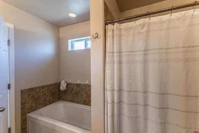 a bathroom with a bathtub and a shower