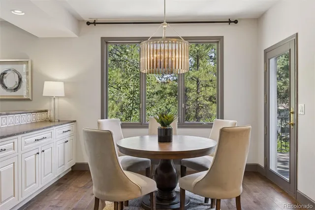 a view of a dining room with furniture window and wooden floor