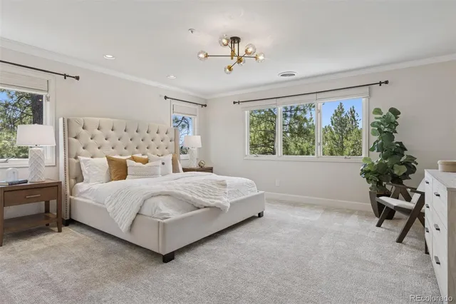 a bedroom with a bed and a chandelier