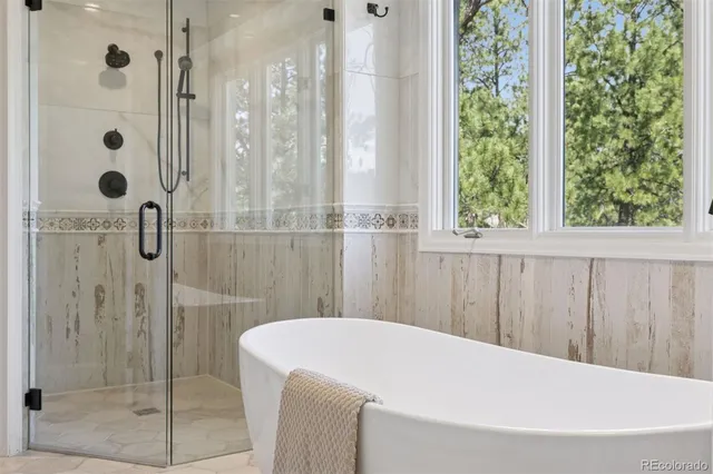 a bathroom with a bathtub and shower