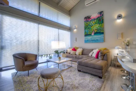 a living room with furniture and a potted plant