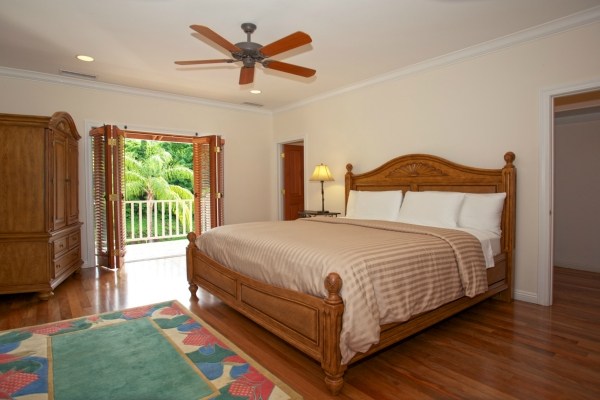 82-5970 Napoopoo Road Captain Cook, HI 96704 - Photo 17 of 24 a bedroom with a balcony a bed and a painting on the wall