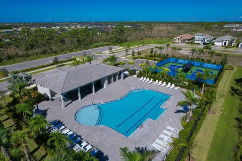 an aerial view of a house with a swimming pool outdoor seating and yard