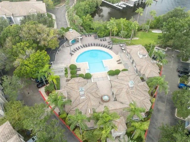 an aerial view of a swimming pool