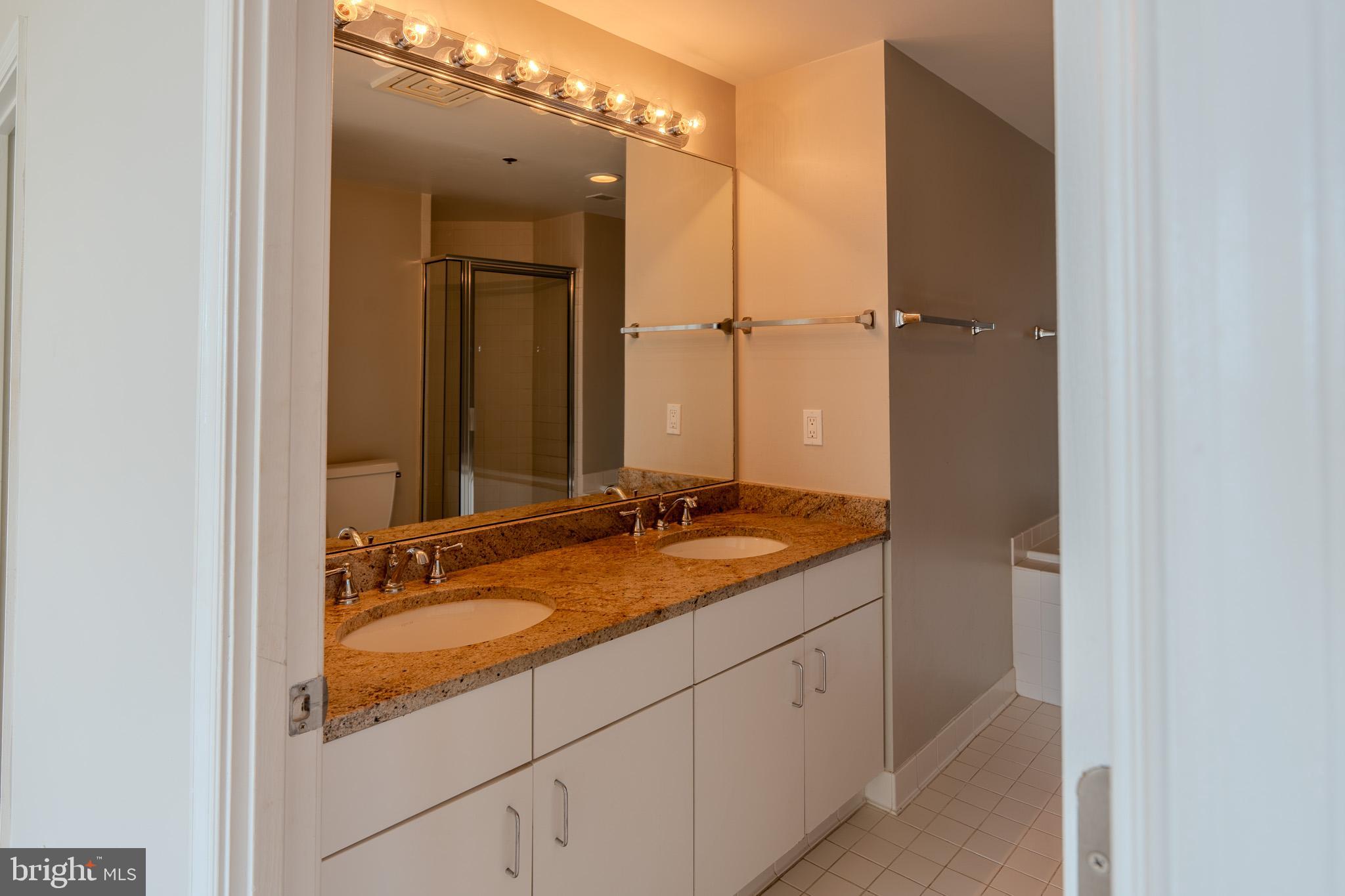 100 Harborview Drive, Unit 302 Baltimore, MD 21230 - Photo 23 of 48 a bathroom with a granite countertop sink and a mirror