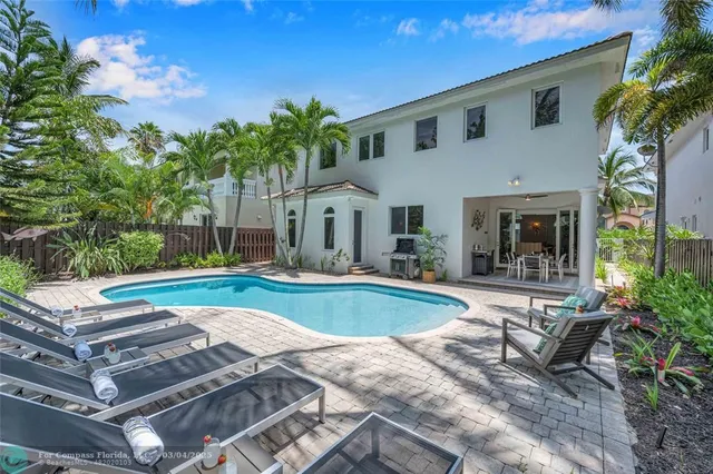 a view of house with swimming pool outdoor seating