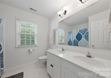a bathroom with a sink a toilet and a large mirror