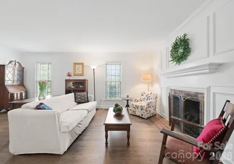 a living room with furniture potted plant and a fireplace