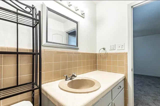 a bathroom with a sink and a mirror