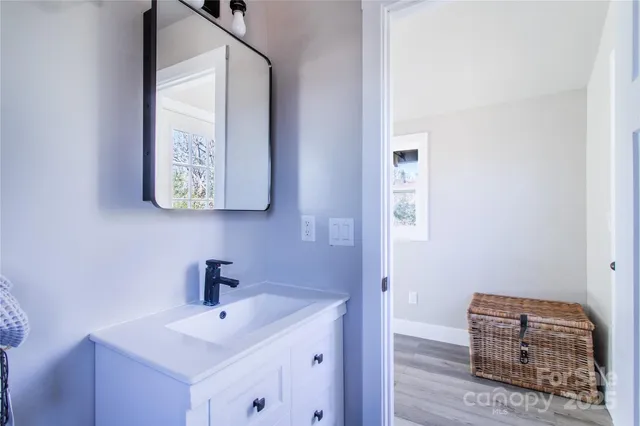a bathroom with a sink and a mirror