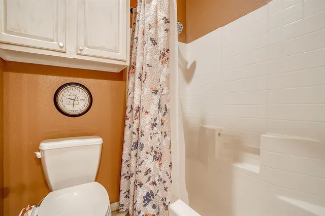 a white toilet sitting next to a shower curtain