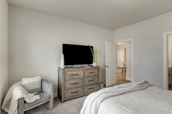a bedroom with a bed and flat screen tv