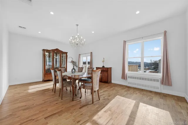 a dining room with furniture a rug a potted plant and wooden floor