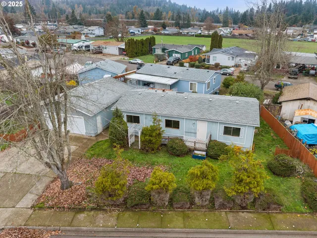 a aerial view of a house with garden and lawn chairs