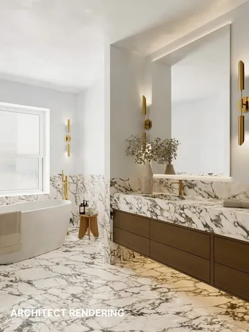 a living room with granite countertop bed and a large mirror