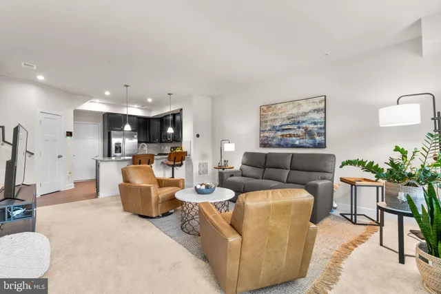 a living room with furniture kitchen view and a potted plant