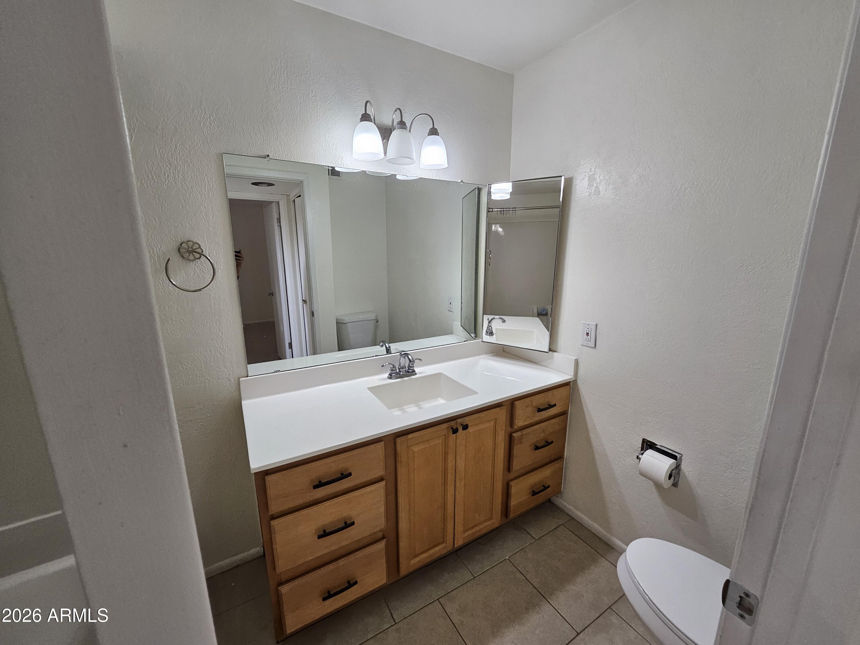 7038 South 42nd Street Phoenix, AZ 85042 - Photo 13 of 22 a bathroom with a double vanity sink and mirror with toilet