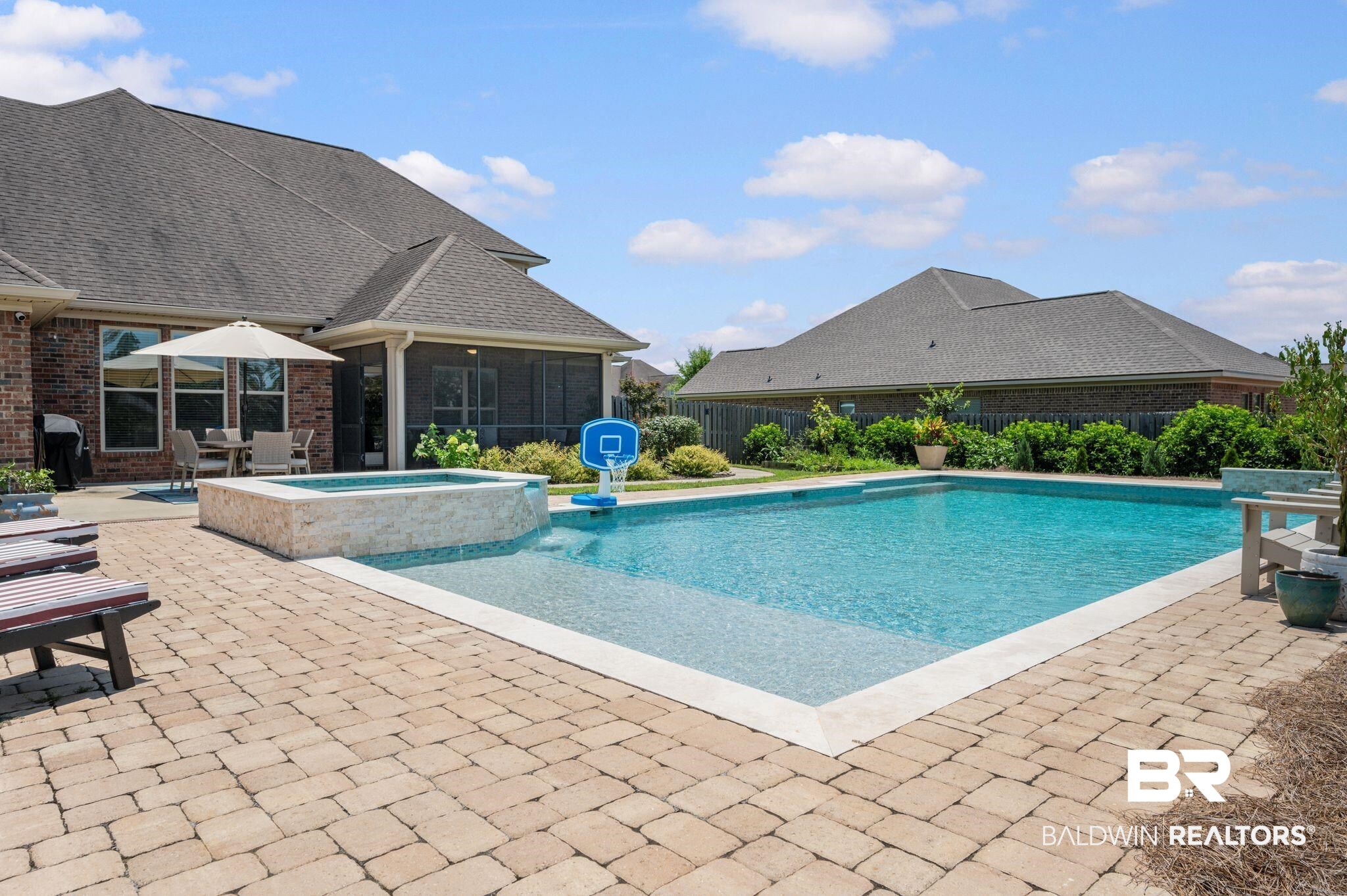 409 Fortune Drive Fairhope, AL 36532 - Photo 37 of 42 Expansive backyard featuring a large swimming pool with an integrated spa, surrounded by a paver patio