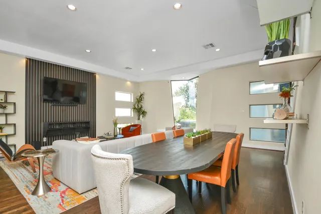 a view of a dining room with furniture