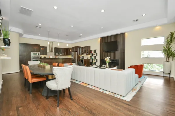 a living room with furniture and a table