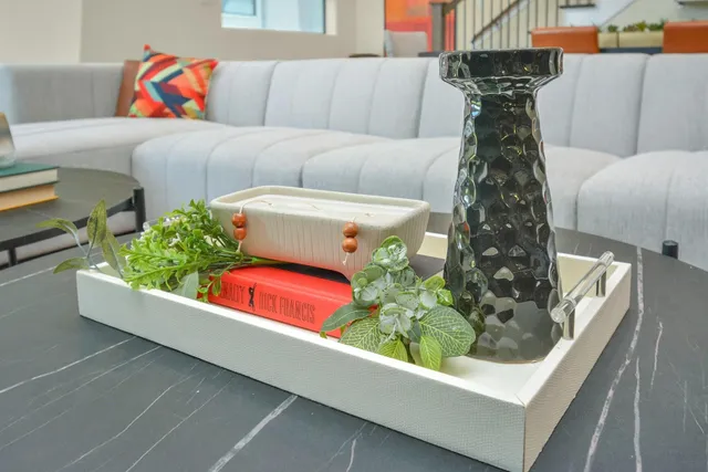 a living room with furniture and a potted plant