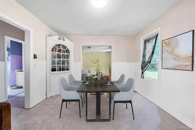 a view of a dining room with furniture and window