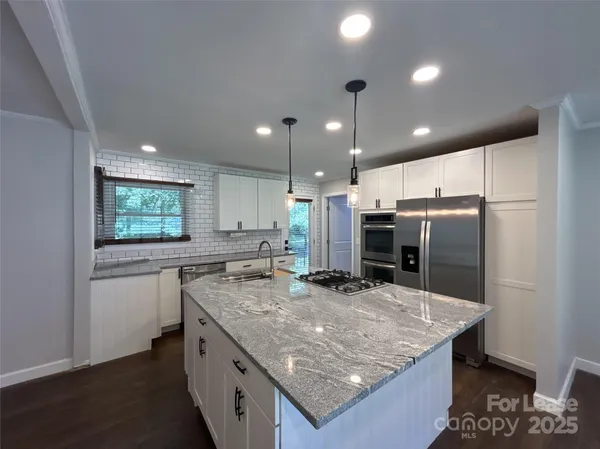 a kitchen with stainless steel appliances granite countertop a sink and a stove