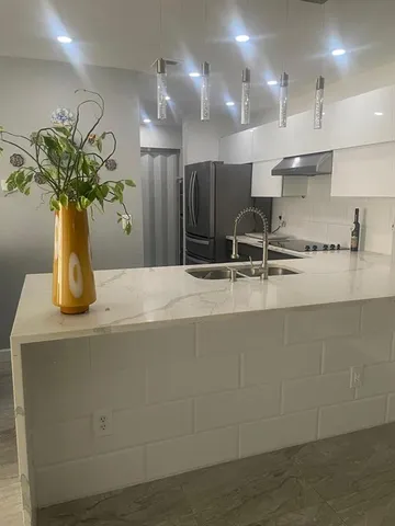 a kitchen with kitchen island a potted plant and a sink