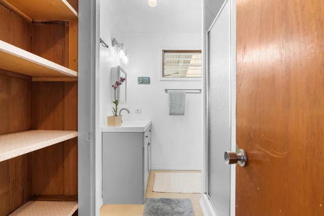 a bathroom with a sink a mirror and a shower