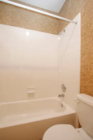 a bathroom with a toilet and a bath tub