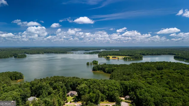 an aerial view of a house with a yard and lake view
